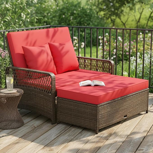 Tangkula Patio Adjustable Wicker Daybed, Rattan Loveseat & Storage Ottoman w/ 4-Level Backrest & Soft Cushions, Space-Saving 2-Person Sun Lounger for Backyard, Porch (Red)