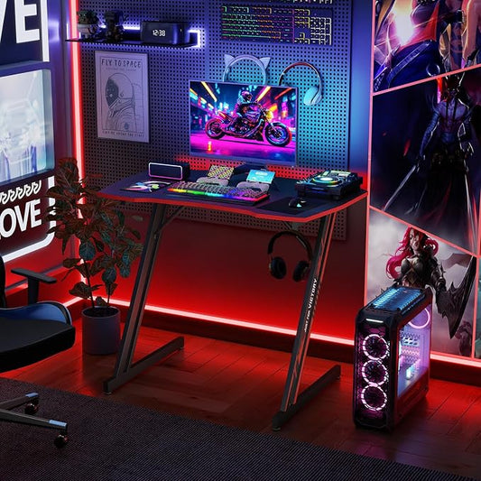 BestOffice Gaming Desk 35 in PC Computer Desk Z Shaped Gaming Workstation Ergonomic Gaming Table with Headphone Hook for Home Office,Black&Red | PC Computer Workstation, Ergonomic Gaming Table, Headphone Hook, For Home Office