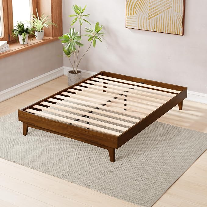 Bme Catherine Queen Platform Bed Frame, Modern Bed Frame Without Headboard, Wooden Low Profile Bed Frame, Acacia Wood Platform Bed Frame, No Box Spring Needed, Supports up to 800lbs - Dark Chocolate