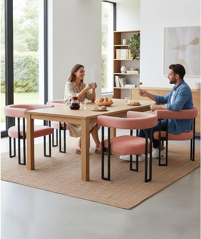 VIRRMO Boucle Dining Chair Set of 2 Corduroy Upholstered Dining Room Chairs Kitchen Chairs with Metal Legs Mid Century Modern Chair for Dining Room, Kitchen (Pink, 2)