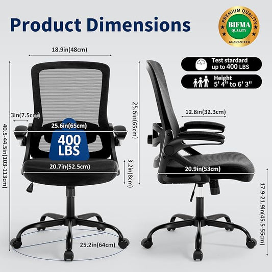 Ergonomic Office Chair, Desk Chair with Adjustable Lumbar Support, Breathable Mesh Comfy Computer Chairs with Flip-up Armrests Executive Task Chair for Adults Home Office(Black)
