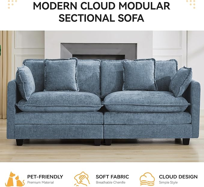 76" Cloud Loveseat Sofa, Modular Sectional Couch with Deep Seats and Double-Layer Thick Cushions, Chenille Upholstered 2-Seat Sofa for Living Room Apartment, Blue