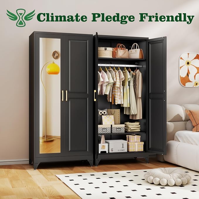 71" Black Metal Wardrobe Closet with Full-Length Mirror, 18" Deep Steel Armoire Clothes Storage Cabinet with Sturdy Hanging Rod & Adjustable Shelves for Bedroom Home Office