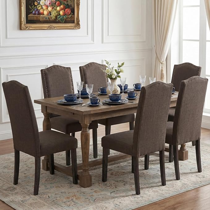 LSSBOUGHT Fabric Dining Chair Upholstered Parsons Kitchen Chair with Copper Nails and Solid Wood Legs for Dining Room,Restaurant (Taupe, 4PCS)