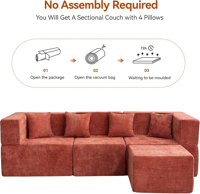 MONVANE 103'' Modular Sectional Sofa, Cloud Sectional Couch with Ottoman, Convertible Chenille L Shaped Couch with Deep Seat, Sectional Couches for Living Room Bedroom, No Assembly Required, Rust Red