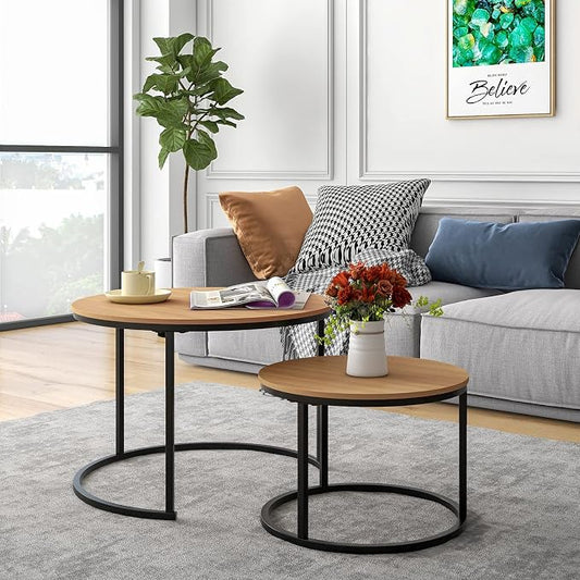 HOJINLINERO Round Coffee Table,Nesting Coffee Table Set of 2,Center Tables for Living Room,Office, Home Small Space,Stacking Side Tables,Sturdy and Easy Assembly,Wood Desktop,Black+Teak OAKDK,Large
