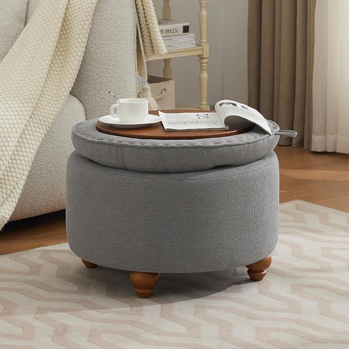WUTUTUEE 24Inch Round Storage Ottoman with Tray, Modern Tufted Fabric Circle Coffee Table with Storage, Upholstered Ottoman with Removable Top for Living Room, Bedroom, Light Grey