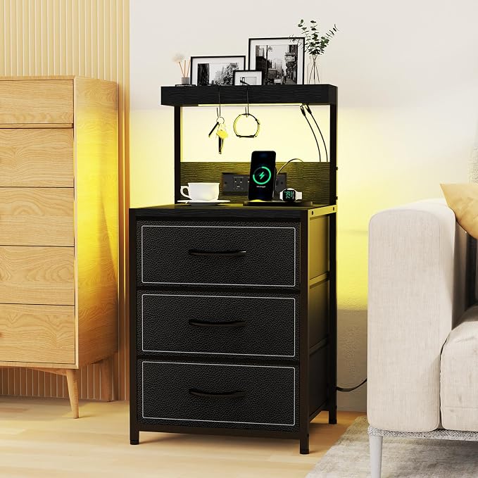 SZLHANJZ LED Nightstand with Charging Station, Night Stand with 3 Drawers and Lights, Storage Side Table with Shelf and Hooks, Tall End Table for Bedside, Bedroom, Modern Black