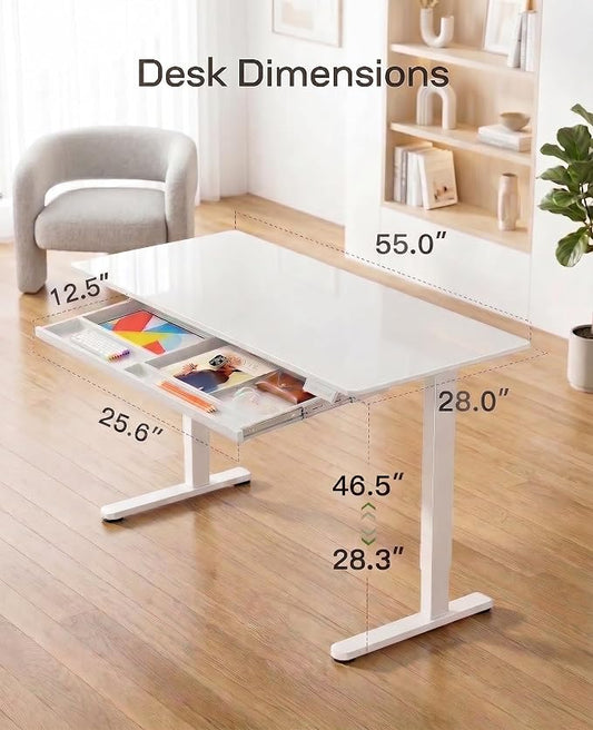 Marsail Glass Standing Desk with Drawer, 55 x 28 Inches Adjustable Desk, Home Office Desks with One-Piece Tempered Glass Top, Ergonomic Home Office Sit Stand Desk with 4 Preset Heights, White