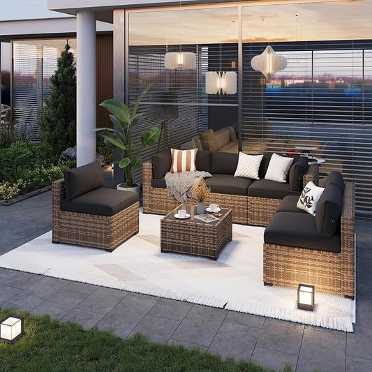 Aoxun Patio Furniture Sets, 7-Piece Outdoor Furniture with Thick Cushions, Wicker Conversation Set Sectional Sofa for Backyard, Poolside, Garden