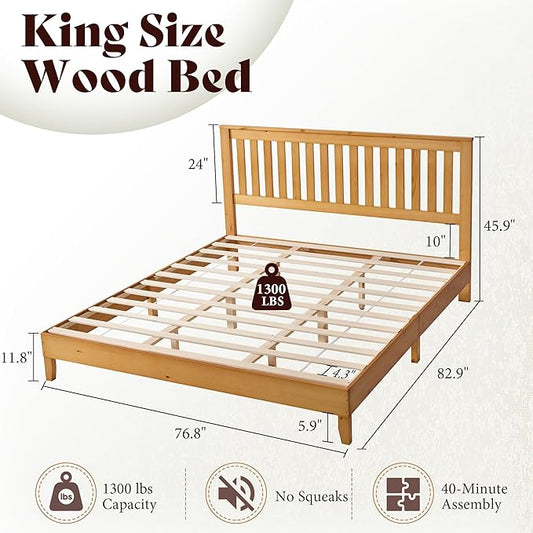 AMERLIFE King Bed Frame, Solid Wood Platform Bed with Vertical Slats Headboard, Wooden Bedframe King-Size, Sturdy Wooden Slats Support, No Box Spring Needed, Noise Free, Light Wood