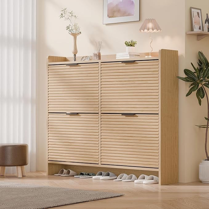 MU 46.5" W Fluted Shoe Storage Cabinet for Entryway, Shoe Cabinet with 4 Flip Drawers, Narrow Wood Shoe Rack Cabinet, Freestanding Hidden Shoe Organizer with Wooden Legs for Hallway, Entrance, Oak