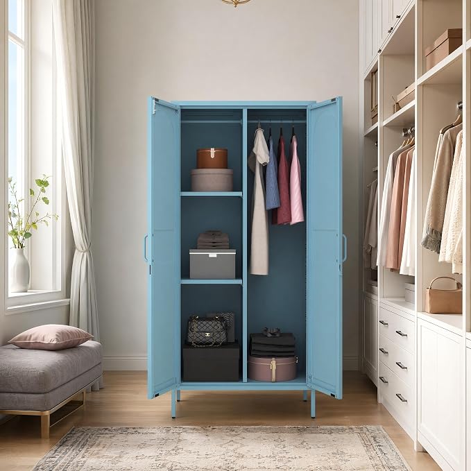 Lockable Metal Wardrobe Closet with Hanging Rod and 3 Adjustable Shelves,67" Metal Storage Cabinet with 2 Doors,Steel Armoire Wardrobe Closet for Bedroom Living Room Cloak Room (Blue)