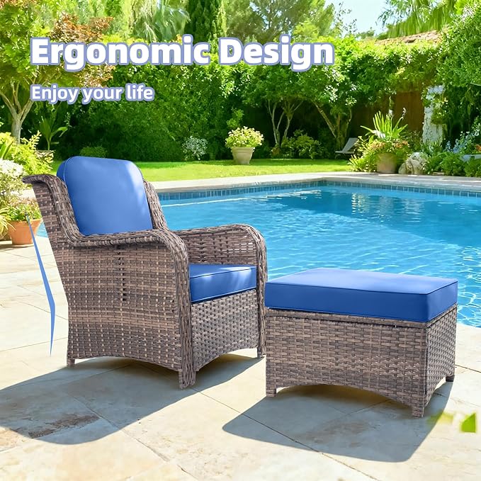 2 Pieces Patio Wicker Furniture Set, High Back Wicker Patio Chair Set with Ottoman, Outdoor Porch Chair with Thick Cushion for Balcony Deck Yard and Porch, Blue