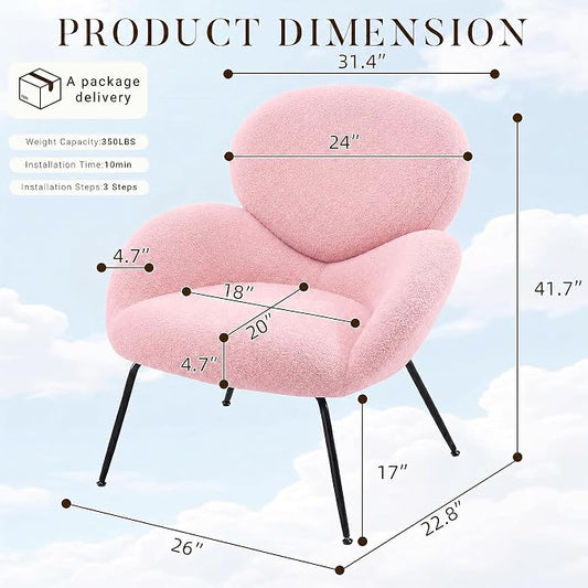 Accent Chair, Cloud Accent Chair for Bedroom, Boucle Fabric (Pink) | Comfy Bedroom Chair with Love Back and Sturdy And Durable Solid-Wood Frame/ Study Room / Bedroom / Living Room /(Cream Style)