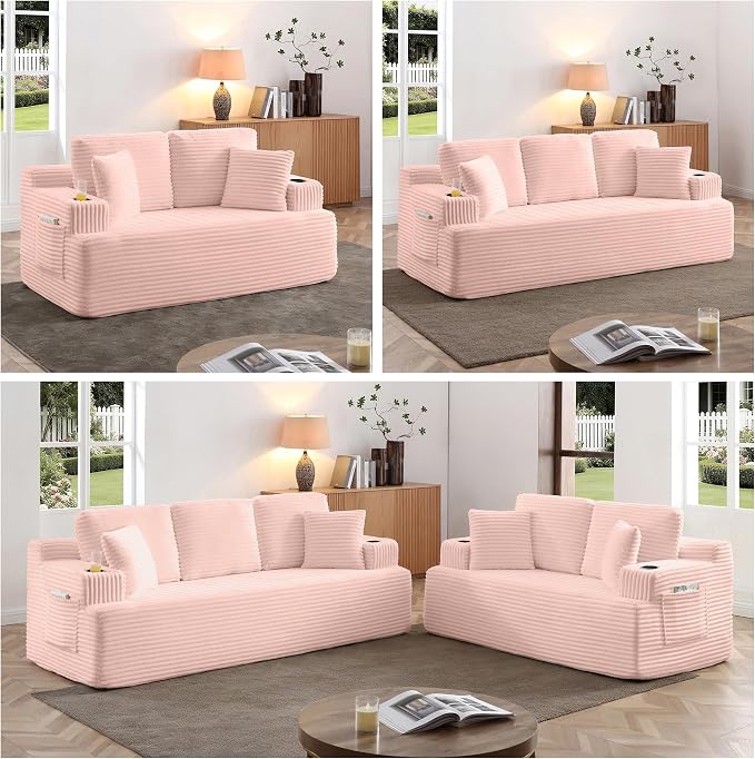 86.2'' Boneless Sofa Couch with Cup Holders & Side Pockets, Modern Corduroy Fabric Upholstered 3-seat Couch with 2 Throw Pillows for Living Room, Office, No Assembly (Pink)