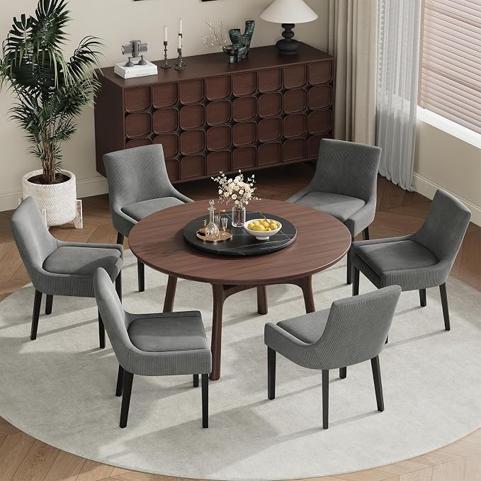 Modern Dining Room Chairs Set of 4 with Mid Back and Wood Legs, Upholstered Kitchen Chairs for Dining Room/Living Room, Dark Grey