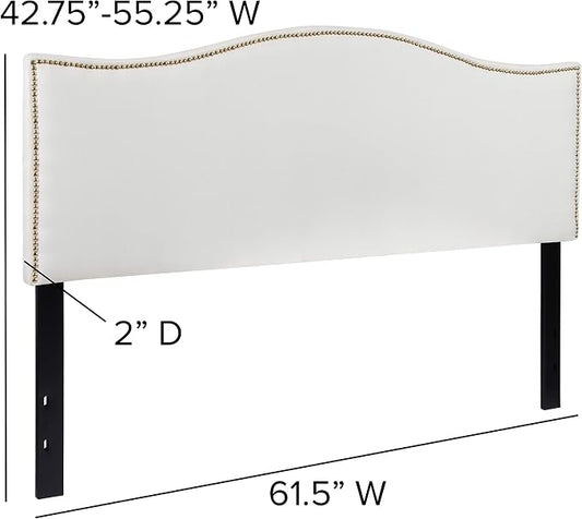 EMMA + OLIVER Upholstered Queen Size Headboard with Nailtrim in White Fabric