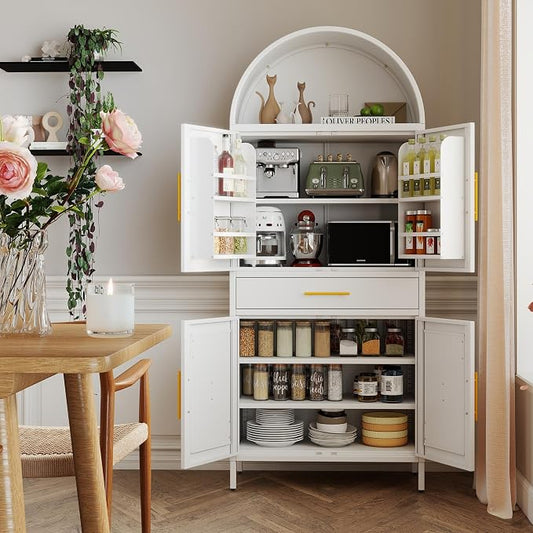 73”H Metal Arched Kitchen Pantry Cabinet with 1 Drawer, Farmhouse Pantry Cabinet with 4 Doors and 3 Adjustable Shelves for Kitchen, Dining Room, White
