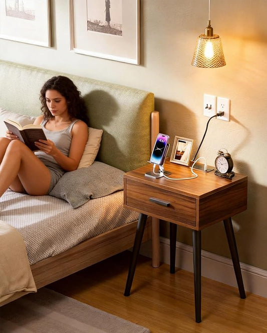 HAIOOU Nightstands Set of 2 with Charging Station, Mid Century Modern Bedside Table, End Table with Drawer Storage, Solid Pine Wood Legs, Walnut Night Stand for Bedroom Living Room
