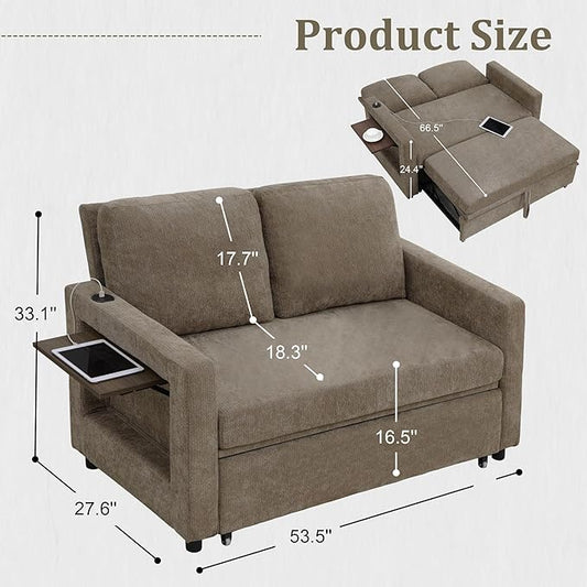 3 in 1 Folding Convertible Sleeper Sofa Bed Pull Out Couch with USB Port Side Pockets Side Table Loveseat Sofa Bed with Adjustable Backrest for Living Room Bedroom Office 66" Darkbrown 2 SEAT