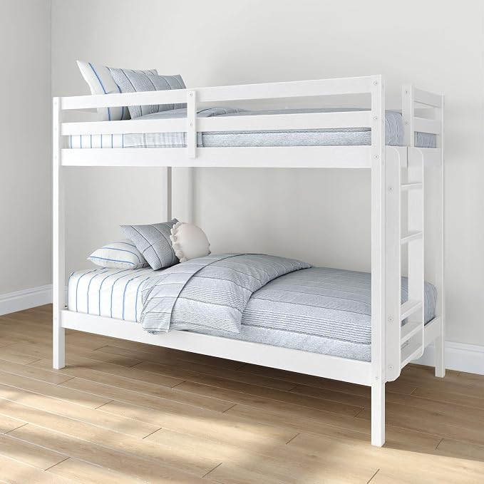 Grain & Grove Bear Twin Over Twin Bunk Bed, Sturdy Bunk Bed Frame for Kids, Plywood Bunk with Ladder, Guardrail, and Slats, No Box Spring Required, Brushed White