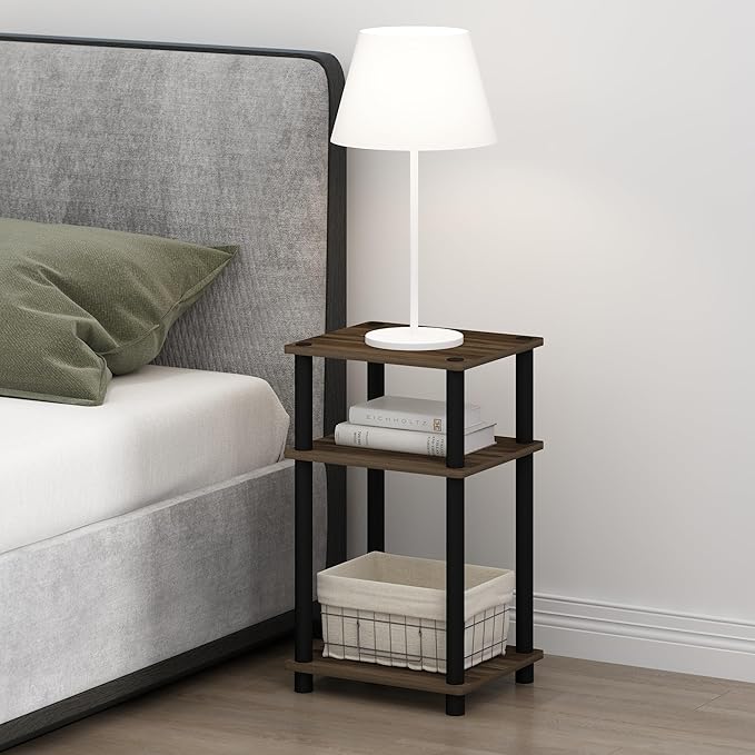 Furinno JUST Night Stand Set of 2, 3-Tier Turn-N-Tube Nightstand, Toolless Bedside Tables, End Table, Side Table with Open Storage for Bedroom, Closet, Dorm, Bathroom, Columbia Walnut