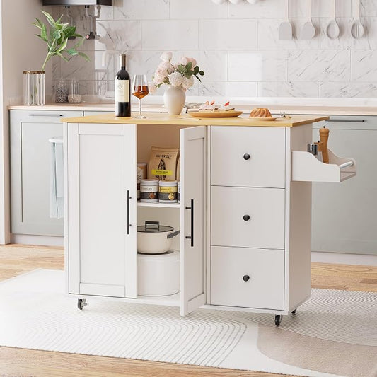 GRUSIGN Kitchen Island on Wheels with Storage-Multifunctional Kitchen Island Cart with Drop Leaf, Rolling Island with Spice/Towel Rack,Expandable Island Table Kitchen,39.37" Width,White