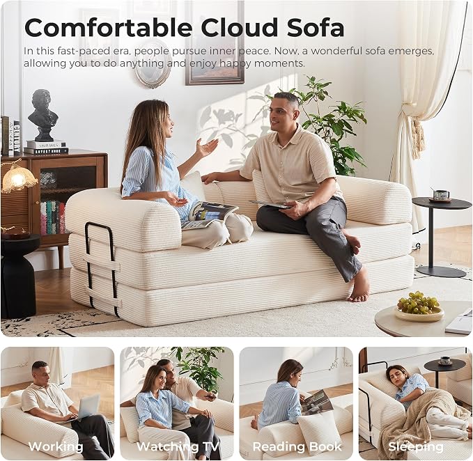 79" 5-in-1 Convertible Sofa Bed No Assembly, Boneless Couch Bed with High Density Foam, Foldable Sleeper Sofa, Corduroy Modular Couch for Apartment, Studio, Dorm Room, Small Space, Beige White
