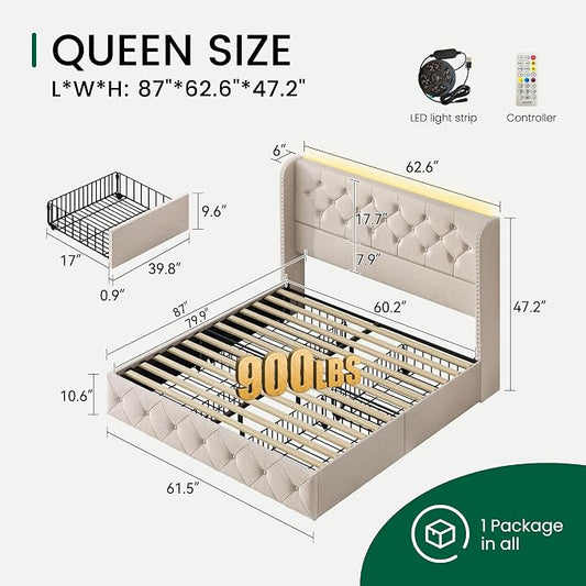 LARMACE Queen Size Bed Frame with LED Lights and 4 Storage Drawers Linen Upholstered Platform Bed Frame with 47.2" Tall Tufted Headboard Wingback, No Box Spring Needed, Easy to Assemble, Beige