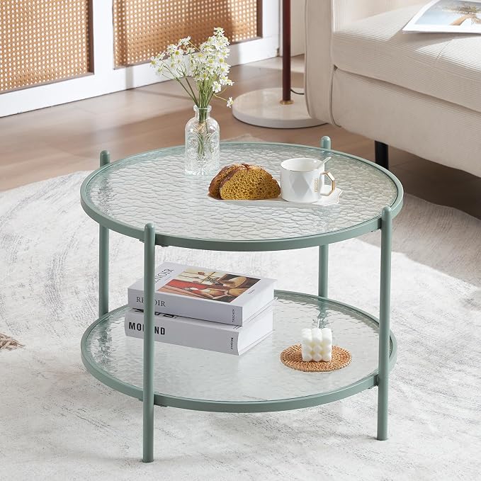 VINGLI 25.6" Small Light Bright Green Round Coffee Table Water-Wave Glass Circle Clear Center Coffee Table with 2-Tier Modern Storage Design for Living Room, Bedroom, Meeting Room, Balcony, Patio