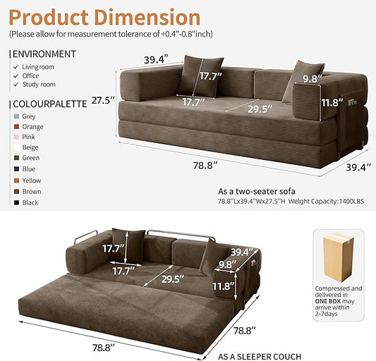 78.8" Convertible Sofa Bed with Armrest Pillow, 4-in-1 Sleeper Couch Bed for Livingroom, Modular Corduroy Boneless couches, No Assembly (Brown)