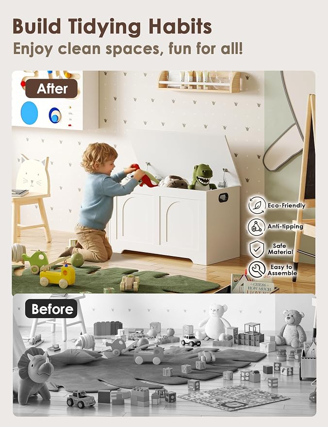 DINZI LVJ Storage Chest, 31.5”Wooden Toy Box with 2 Safety Hinges, Entryway Storage Bench with Flip-Top, Sturdy Storage Trunk for Living Room, Bedroom, Easy Assembly, White