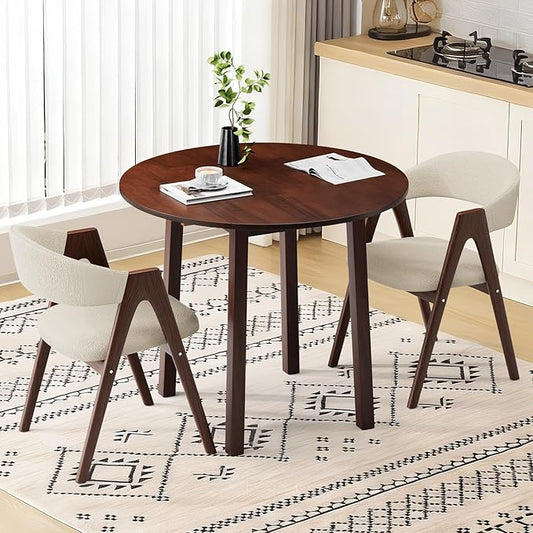 VINGLI 35" Solid Wood Folding Dining Table, Drop Leaf Kichen Dining Room Desk for Small Spaces, Small Kitchen, Expandable Folding Round Table for Home, Apartment,Office, Brown