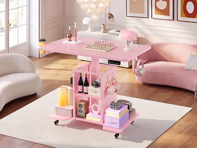 SEDETA Small Standing Gaming Desk, 31.5" Rolling Computer PC Desk Electric Height Adjustable with Power Outlet, Pegboard & Storage Shelves, LED Light, for Small Spaces/Bedroom/Gaming/Girl Room, Pink