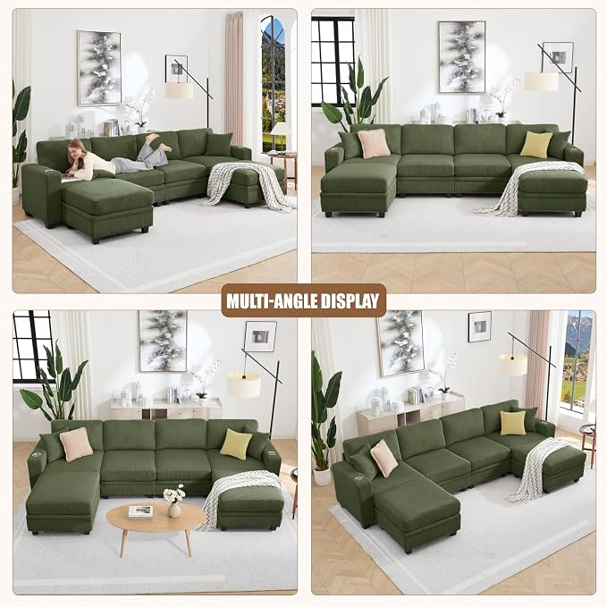 127" Modular Sectional Sofa with Storage, Corduroy 6-Seater U-Shaped Sofa with Ottoman Chaise, Cloud Sectional Couches for Living Room, Apartment