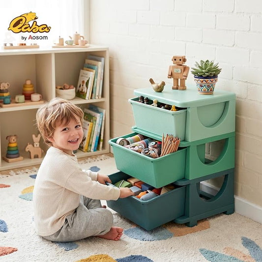 Qaba 3 Drawers Kids Storage Unit, 3 Tier Stackable Toy Organizers and Storage Chest for Bedroom, Nursery, Playroom, Living Room, Boys, Girls, Toddlers, Green