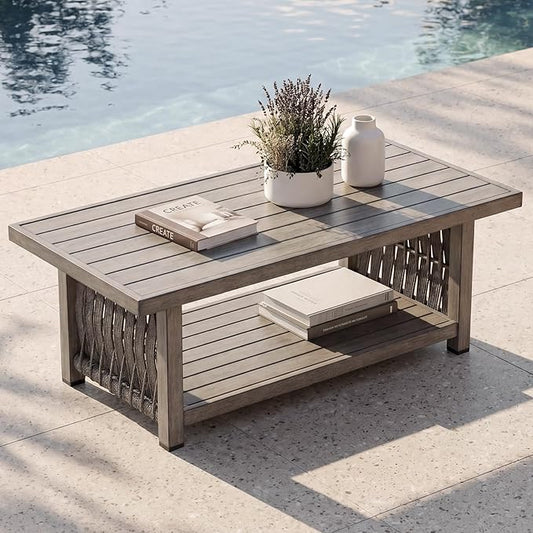 Outdoor Coffee Table, Never Rusts Aluminum Rope Weave Patio Coffee Table, Weatherproof 2-Tier Rectangle Outdoor Patio Table with Adjustable Feet for Garden, Pool, Outside, Decks, Gray Oak