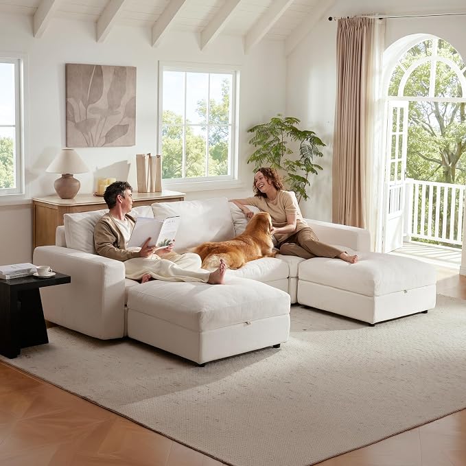Cloud Couch Sectional 113.8'' Oversized Modular Deep Seat Sofa U Shaped Comfy White Cloud Couch with Washable Cover for Living Room 3 Seat & 2 Ottoman
