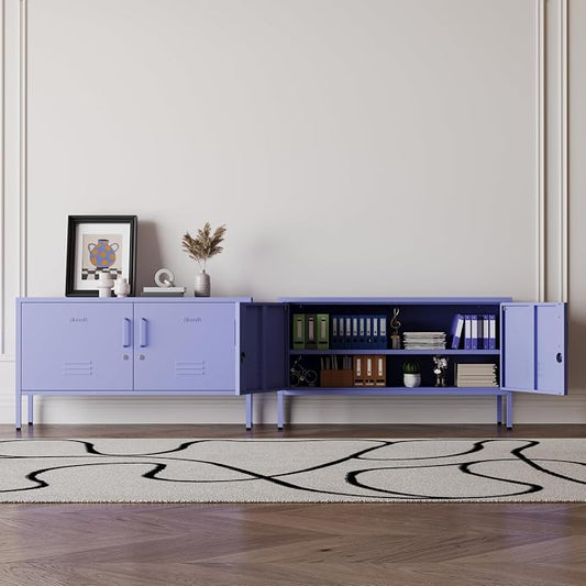 Purple Metal Accent Cabinet Locker with Lock, 2-Door Wide Storage Cabinet, Adjustable Shelves, Multifunctional TV Stand & Entertainment Center for Bedroom, Living Room
