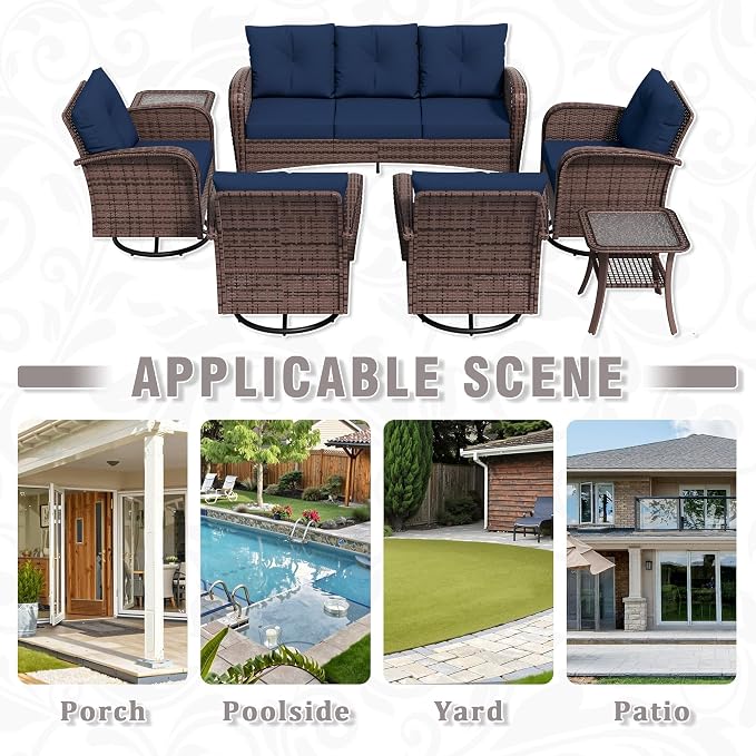 7 Piece Patio Conversation Set – 2 Swivel Rocking Chairs, 2 Coffee Tables & 3-Seater Sofa | PE Wicker Patio Sectional | Heavy-Duty Steel Frame & Weatherproof Cushions, Blue