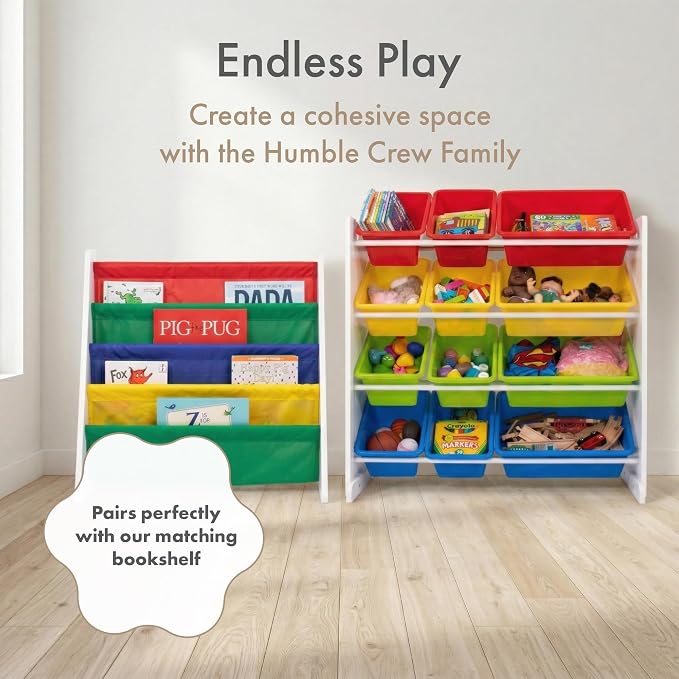 Humble Crew Toy Storage Organizer with 12 Removable Storage Bins for Kids Playroom, 4-Tier Toddler Toy Organization, White/Primary