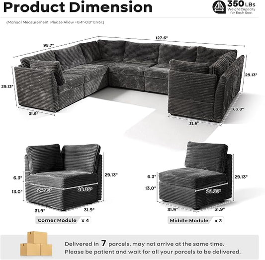 ovios Modular Sectional Sofa Couch with U-Shape Chaise Oversized, Comfy Plush Corduroy Cloud Couches, Modern Luxury Deep Seat Sofas Set for Living Room, 7-Seater, Grey