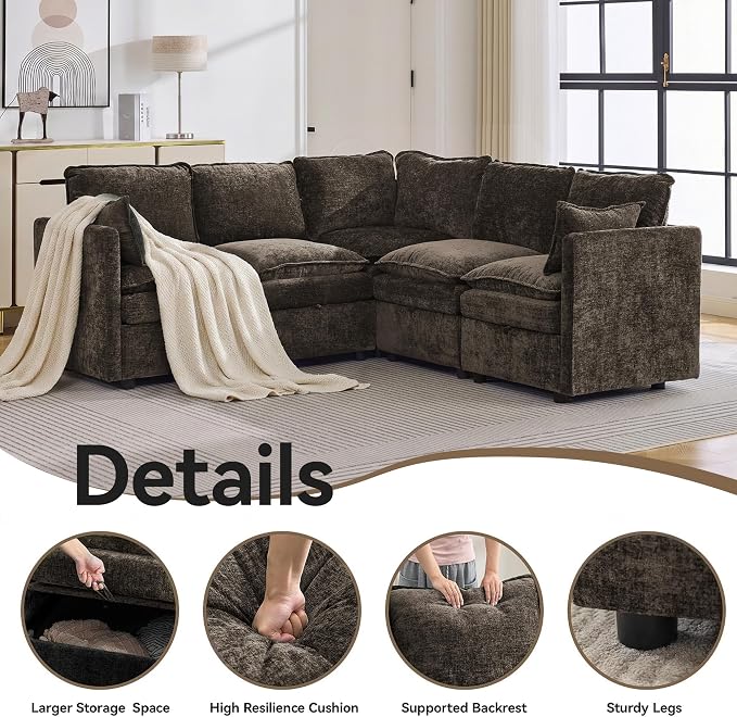 80" Brown Modular Storage Sofa, V Shaped Chenille Cloud Couch with Armrest | Oversized Convertible Sectional Sofa, 5-Seat Sectional Couch With Armrests, Large Cloud Couch For Living Room, Apartment.