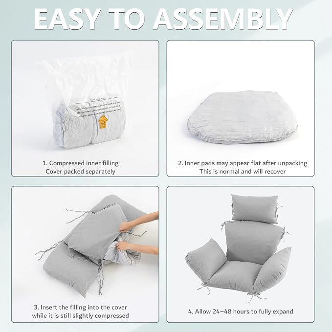 Egg Chair Cushion with 8 Securing Straps, Water-Repellent & Fade-Resistant Faux Linen, Removable Cover, Replacement Cushion for Most Single Outdoor Hanging Swing Egg Chairs – Light Grey