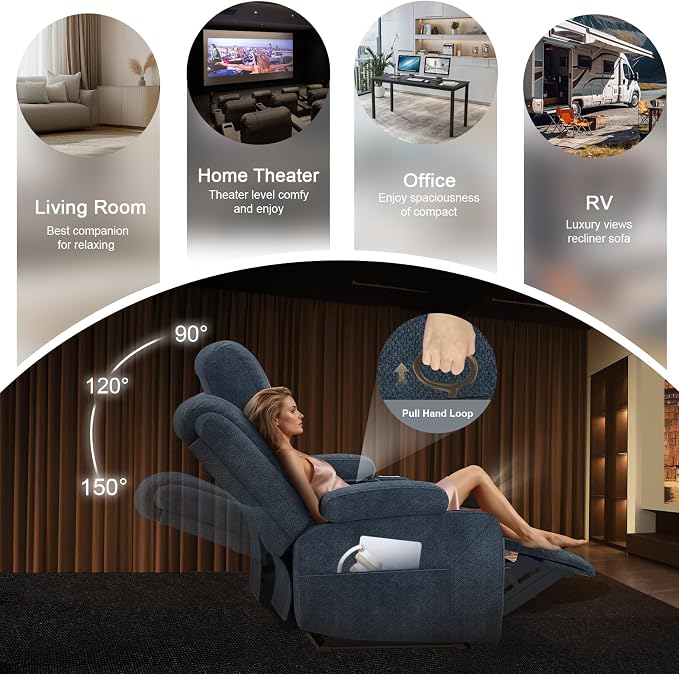 3+1 Manual Recliner Sofa, Maximum Load Capacity 1800lbs & Ergonomics Design, Multi-Functional Middle Seat & Home Theater Seating with Removable Armrest and Storage for RV Living Room (Fabric,Blue)