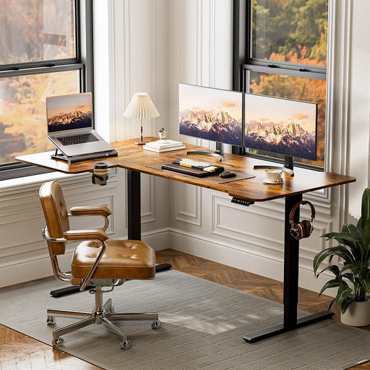 Acrolix L Shaped Electric Standing Desk - 71x43.5 Inch Reversible Corner Sit Stand Desk with Hook&Cup Holder,Electric Height Adjustable Table,for Home Office Gaming&Trading Computer Desk, Rustic Brown