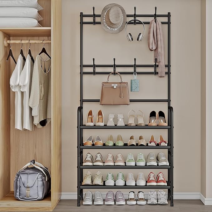 Coat Rack Shoe Rack With Storage Shelf Freestanding with 8 Hooks for Entryway Bedroom Closet 4 Tier, Black