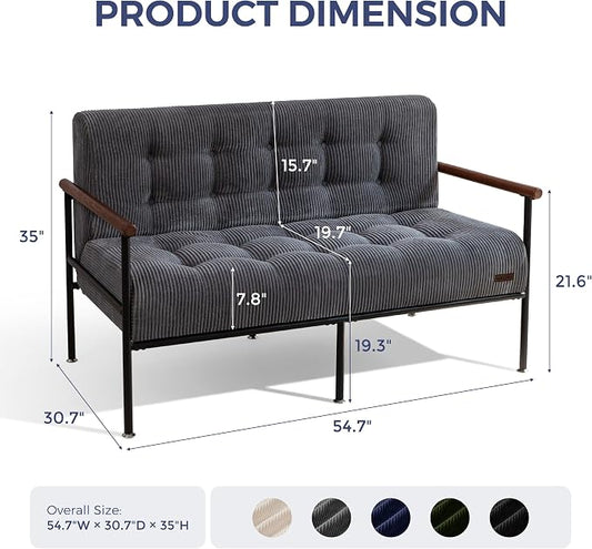 MAXYOYO Living Room Accent Chair, Loveseat Sofa Chair with Sturdy Metal Frame & Wood Armrests, Button Tufted Upholstered Small Couch Modern Love Seat for Bedroom Office, Dark Grey