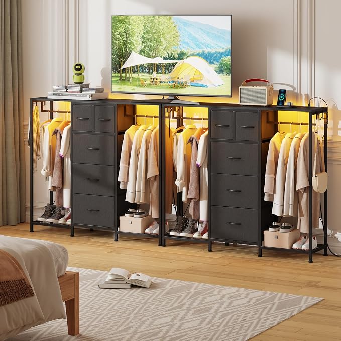 HIGDBFE 5-Drawer Dresser with 2 Hanging Racks, Black, 49.2" W | LED Lights&Charging Station, Hooks, Wooden Top, Fabric Drawer, Dresser TV Stand for Bedroom, Dorm